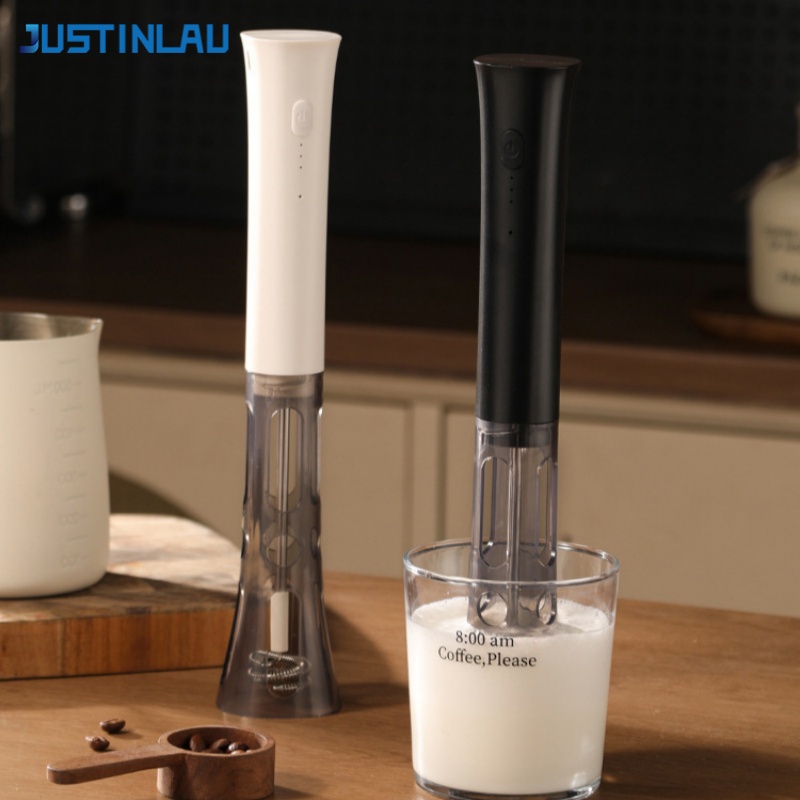 Electric Milk Frother Handheld - JUSTINLAU ハンディ電動ミルクフォーマー 3段階速度調整可能 コーヒーフォームメーカー ステンレス製 デュアルウィスクヘッド